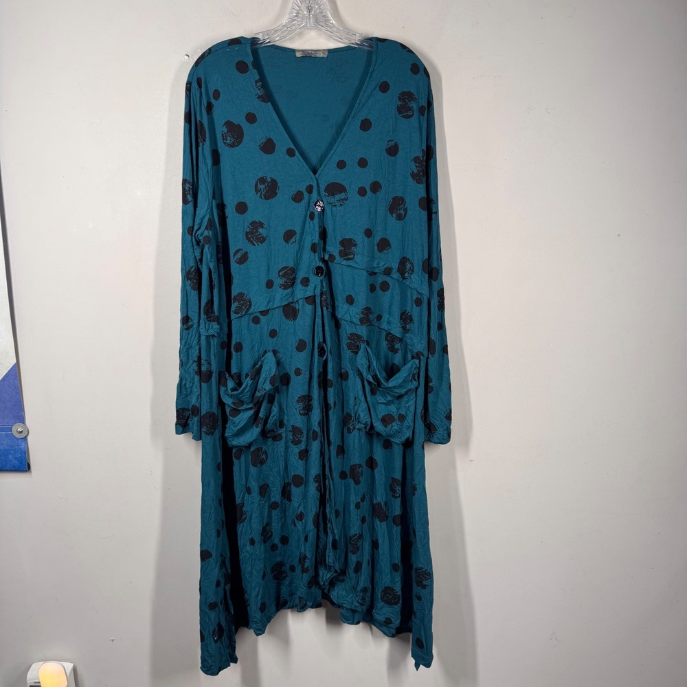 Chalet et ceci Teal Polka Dot Lagenlook Button Front Dress XL Bamboo Blend USA